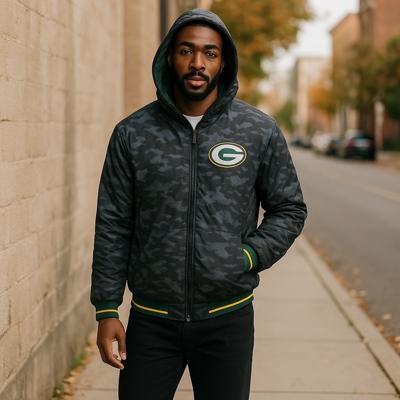 NFL GREEN BAY PACKERS Black Ops Reversible Full Zip Hoodie Team Jacket Men Small - Picture 3 of 15